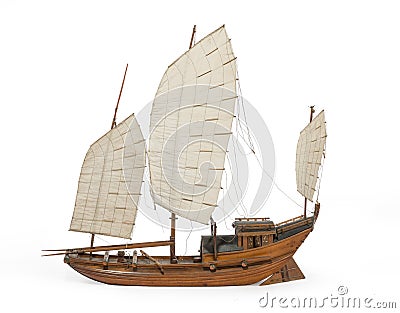 Model Chinese or Indian junk boat isolated on white Stock Photo