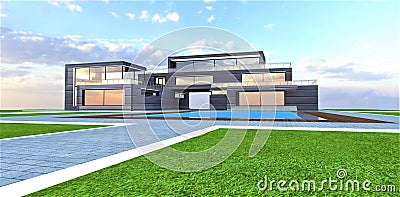 The model of the contemporary country villa with pool. Green meadow with pavement made of gray concrete stones and white border. Stock Photo