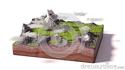 Model of a cross section of ground with mountains, meadows and clouds isolated on white background Stock Photo