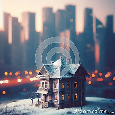 Model of a detached house on a blurred background of a large city Stock Photo