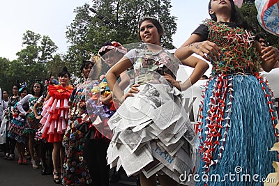 Model with dress made from trash garbage Editorial Stock Photo