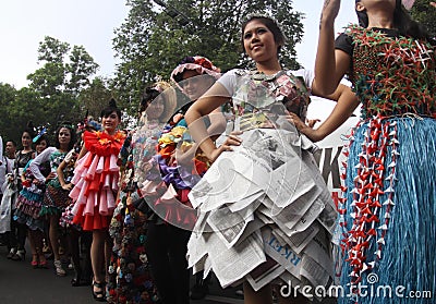 Model with dress made from trash garbage Editorial Stock Photo