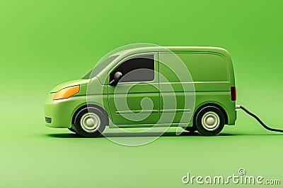 Model Electric Van Charging With Power Cable Against Green Studio Background Stock Photo