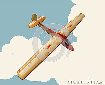 Model glider flying over sky with clouds in vintage color stylization Vector Illustration