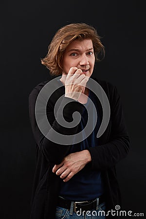 Model hiding face shame Stock Photo