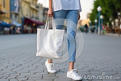 Model hold blank white fabric mockup bag for save environment on street fashion Stock Photo