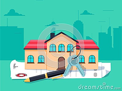 Model house, house keys and contract: real estate, loans and investments concept Vector Illustration