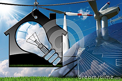 House - Light Bulb - Solar Panel - Wind Turbines Cartoon Illustration