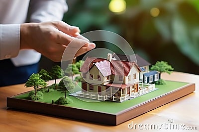 Model of the house and residential area on the table at the realtor. Signing a lease or sale agreement. Real estate offer, Stock Photo