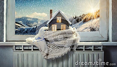 Model House Wrapped in a Warm Woolen Scarf on Radiator - Generative Ai Stock Photo