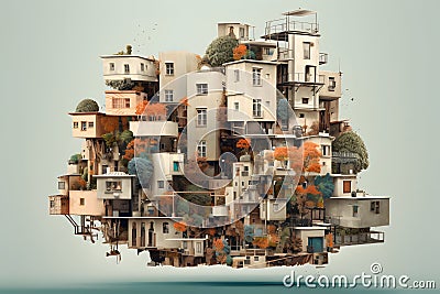 Model houses and white buildings floating in the sky. concept of living in harmony with nature. Stock Photo