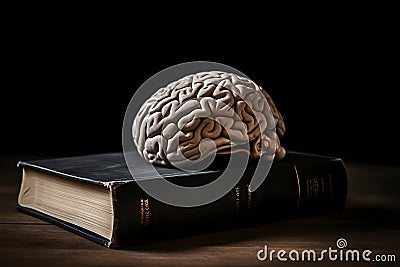 Model of human brain located on old vintage big book Stock Photo