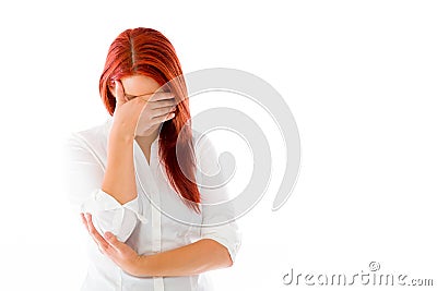 Model isolated on plain background ashamed hiding Stock Photo