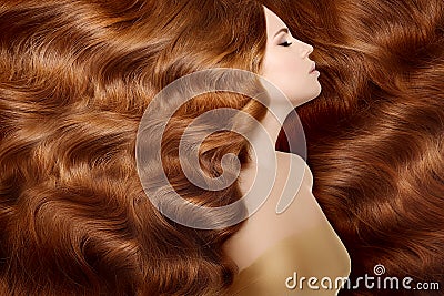 Model with long red hair. Waves Curls Hairstyle. Hair Salon. Updo. Fashion model with shiny hair. Woman with healthy hair girl wi Stock Photo