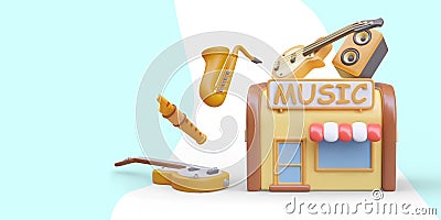 Model of musical store with different instruments near. Music column, electric and acoustic guitar Vector Illustration