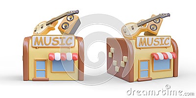 Model of musical store in different positions. Realistic shop with musical instruments on roof Vector Illustration