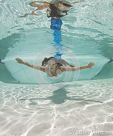 Model in a pool wearing a mermaid`s tail. Stock Photo