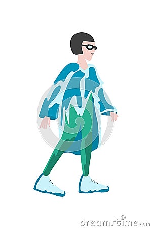 Model posing. Beautiful young woman in poncho and fashionable sneakers. exclusive print clothes. . Hand drawn girl in sunglasses. Cartoon Illustration