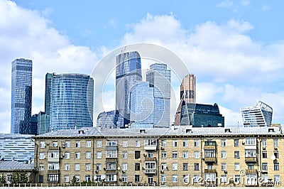 A model project of a small house on the background of Moscow cit Editorial Stock Photo