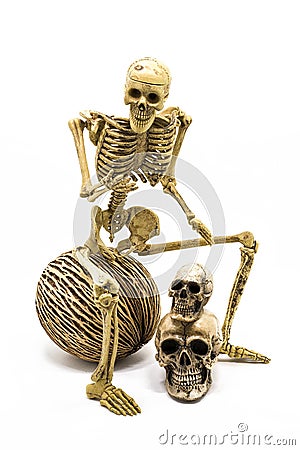 Model skeleton sitting on ball Stock Photo