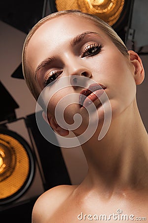 Model and studio lights Stock Photo