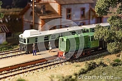 Model train in operation at a model train exhibition. Macro photography with shallow deep of field Editorial Stock Photo