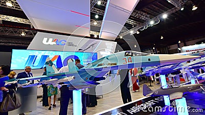 Model of UAC SU-34 front-line bomber on display at Singapore Airshow Editorial Stock Photo