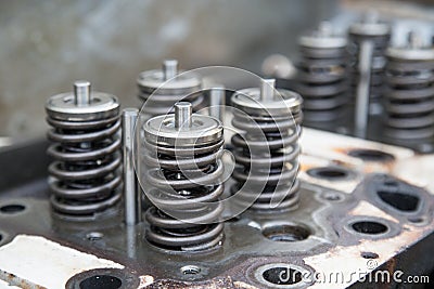 Model of a vehicle engine, engine exhaust valve and intake valve, spring valve of the engine and auto spare parts, machine parts Stock Photo
