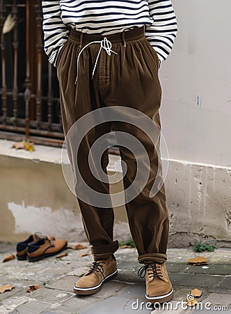 Model wearing Corduroy pants brown loose fit dark brown color paired indoor Stock Photo