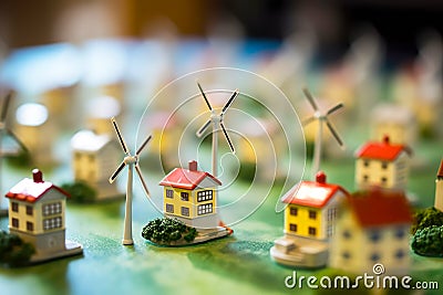 Model of the wind power complex. The idea of promoting green technologies. Generative AI Stock Photo