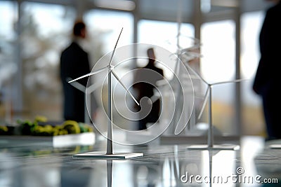 Model Wind Turbines Inside a Bright Office - Clean Energy and Eco-Innovation in Corporate Settings Stock Photo
