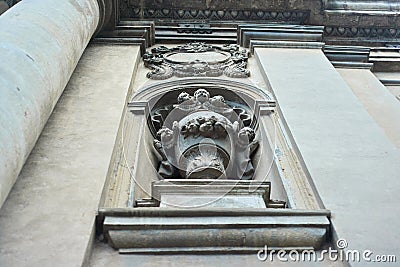 Modeling, statues, bas-reliefs decorating the facades of old houses Stock Photo