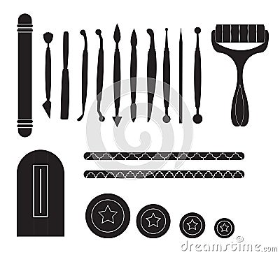 Modelling Tools for Icing & Decorating Sugarpaste, Marzipan, Pastillage. Tools for cake decorating. Birthday cake vector Vector Illustration