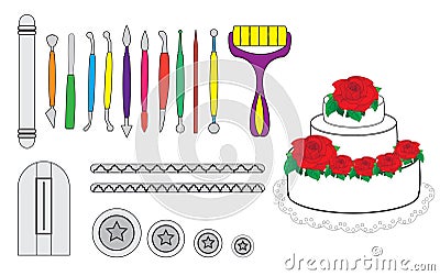 Modelling Tools for Icing & Decorating Sugarpaste, Marzipan, Pastillage. Tools for cake decorating. Birthday cake vector Vector Illustration