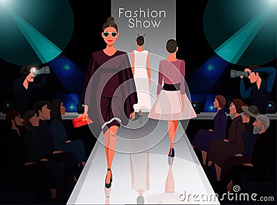 Models on catwalk on fashion trends review show Vector Illustration