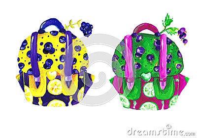 Models of colorful backpacks. Children`s drawing Stock Photo