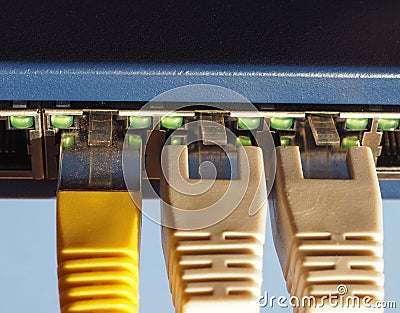 Modem router switch with RJ45 ethernet plug ports Stock Photo