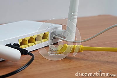 Modem router wifi wireless connect lan cable On wooden Stock Photo