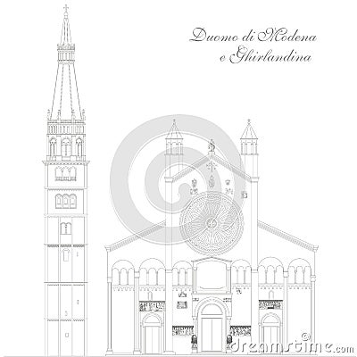 Modena, Italy, the cathedral and the tower ghirlandina garland Cartoon Illustration