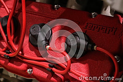 MEF Ferrari Museum Casa Enzo Ferrari, Ferrari engine detail with brand logo Editorial Stock Photo