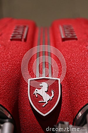 MEF Ferrari Museum Casa Enzo Ferrari, Ferrari engine detail with brand logo Editorial Stock Photo
