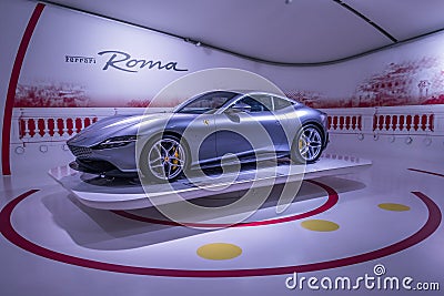 Modena, Italy - July 14, 2021: Gray color Ferrari Roma type F169 grand touring coupe, high performance Italian sports car 3.9 L Editorial Stock Photo