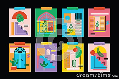 Modern abstract and creative windows, stairs, doors, and flowers decoration note cards templates set on black Vector Illustration
