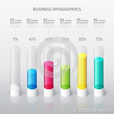 Modern abstract 3D cylindrical infographic template with six steps options. Business percentage graph template. EPS 10 Vector Illustration