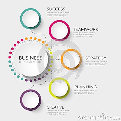 Modern abstract 3D infographic template with five steps for success. Business circle template with options for brochure Vector Illustration