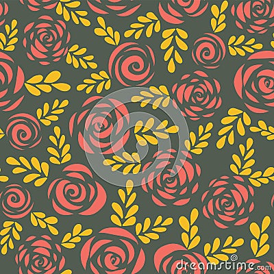 Modern abstract flat roses and leaves red gold seamless vector background . Floral silhouettes. Flower pattern for Valentines, Vector Illustration