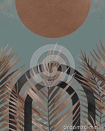 Modern abstract geometry shapes. Palm leaves with black arches. Mid century modern art. Abstract plant background. Stock Photo