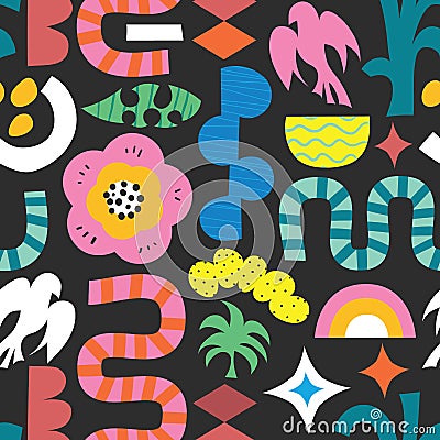 Modern abstract kids shapes collage seamless vector pattern. Contemporary art repeating background in bright colors on black. Stock Photo