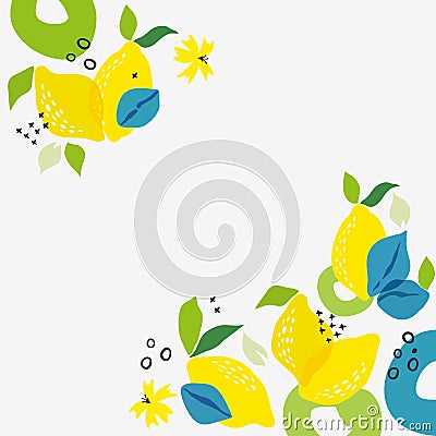 Modern abstract lemon peach art vector leaves background. Hand draw Vector Illustration