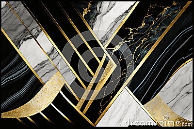 Modern abstract marbled background, marble mosaic. Agate stone texture, granite, jasper. Ornamental black white gold marble tiles Cartoon Illustration